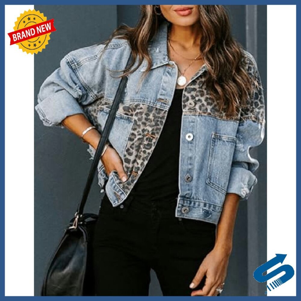 Distressed Denim Jacket with Leopard Patchwork, Button Down, Long Sleeve - Picture 6 of 7
